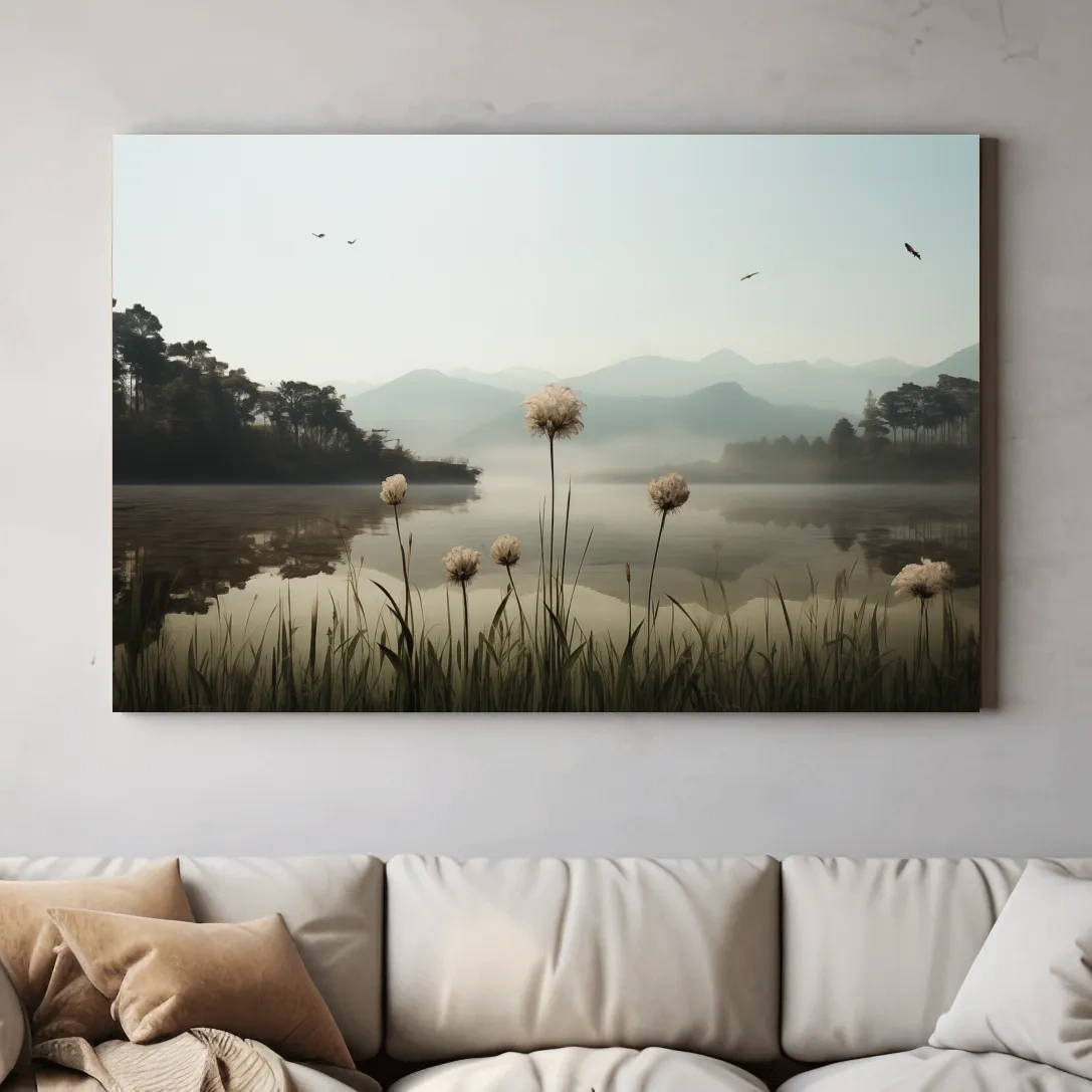 Misty Lake Painting With Wildflowers - Serene Landscape Wall Art