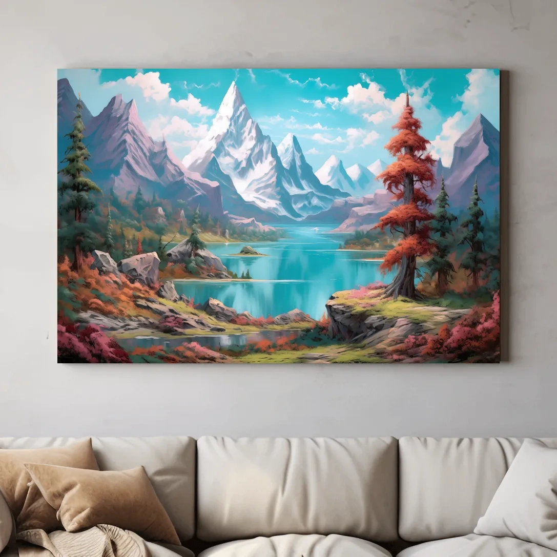 Painting of a surreal alpine mountain landscape