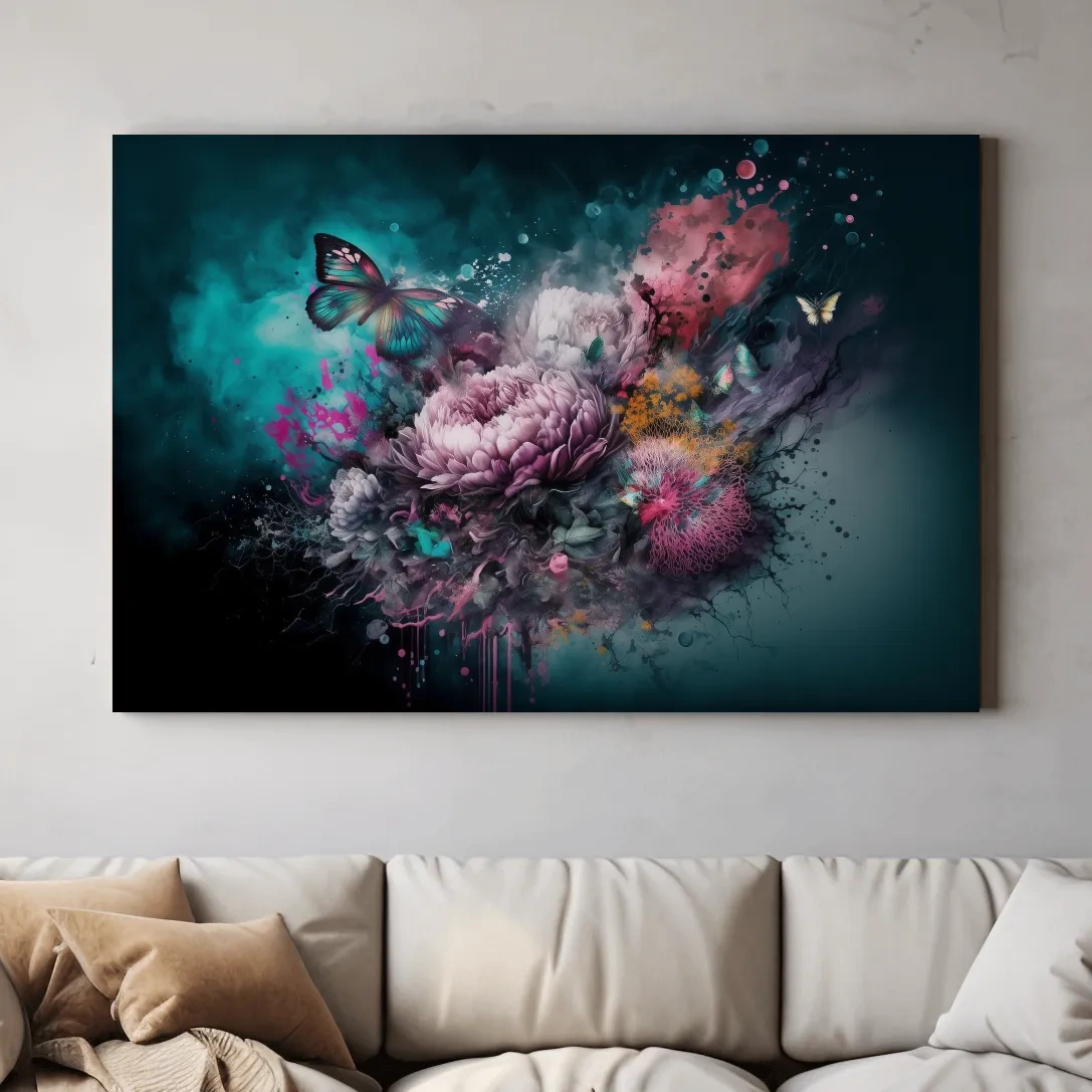Fantasy floral explosion artwork with butterflies, vibrant abstract wall art 