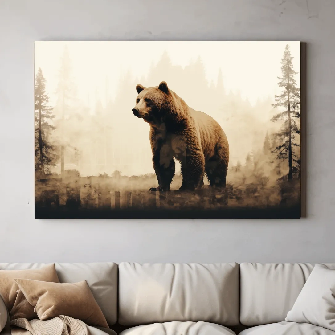 Grizzly bear in the forest, double exposure sepia photography artwork
