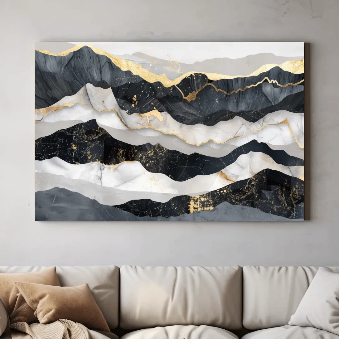 Abstract Black Marble Mountain Layers - Modern Elegant Gold Foil Landscape Wall Art