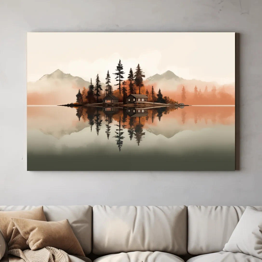 Minimalist art, lakeside cabin amongst the trees
