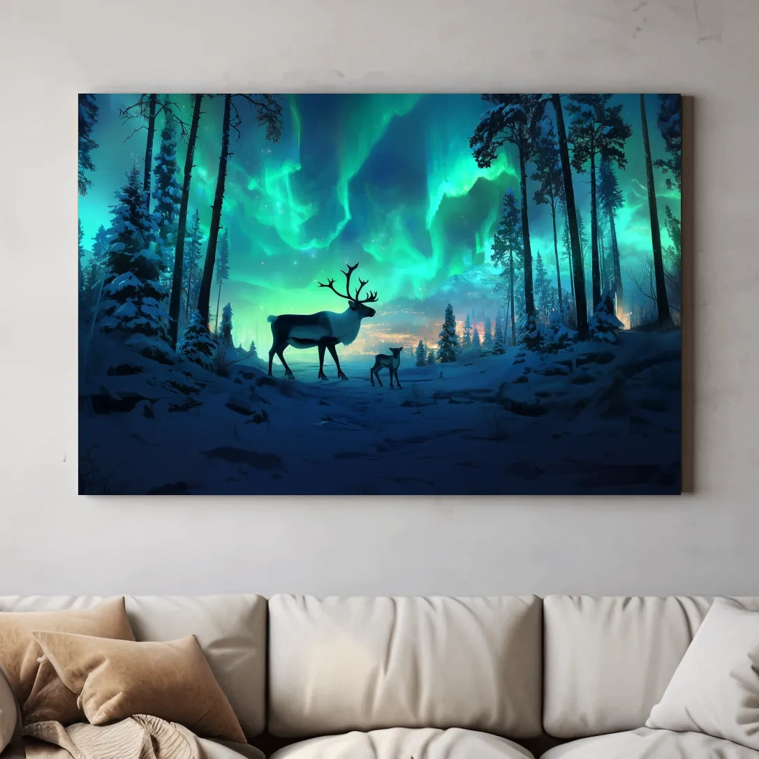 Caribou buck and fawn under vibrant northern lights in a snowy winter forest