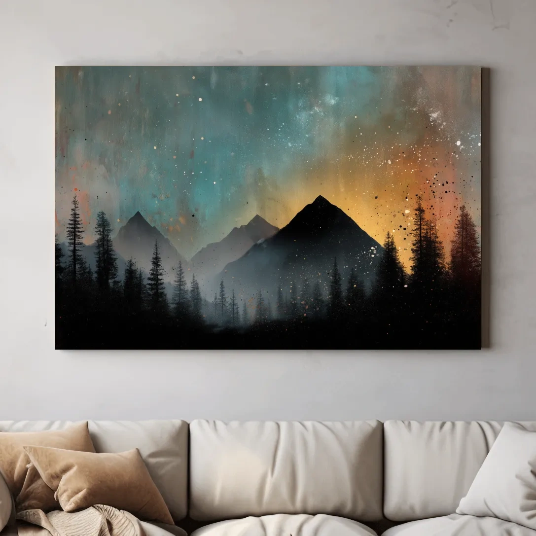 Colorful mountain sunrise artwork, misty forest and starry sky painting