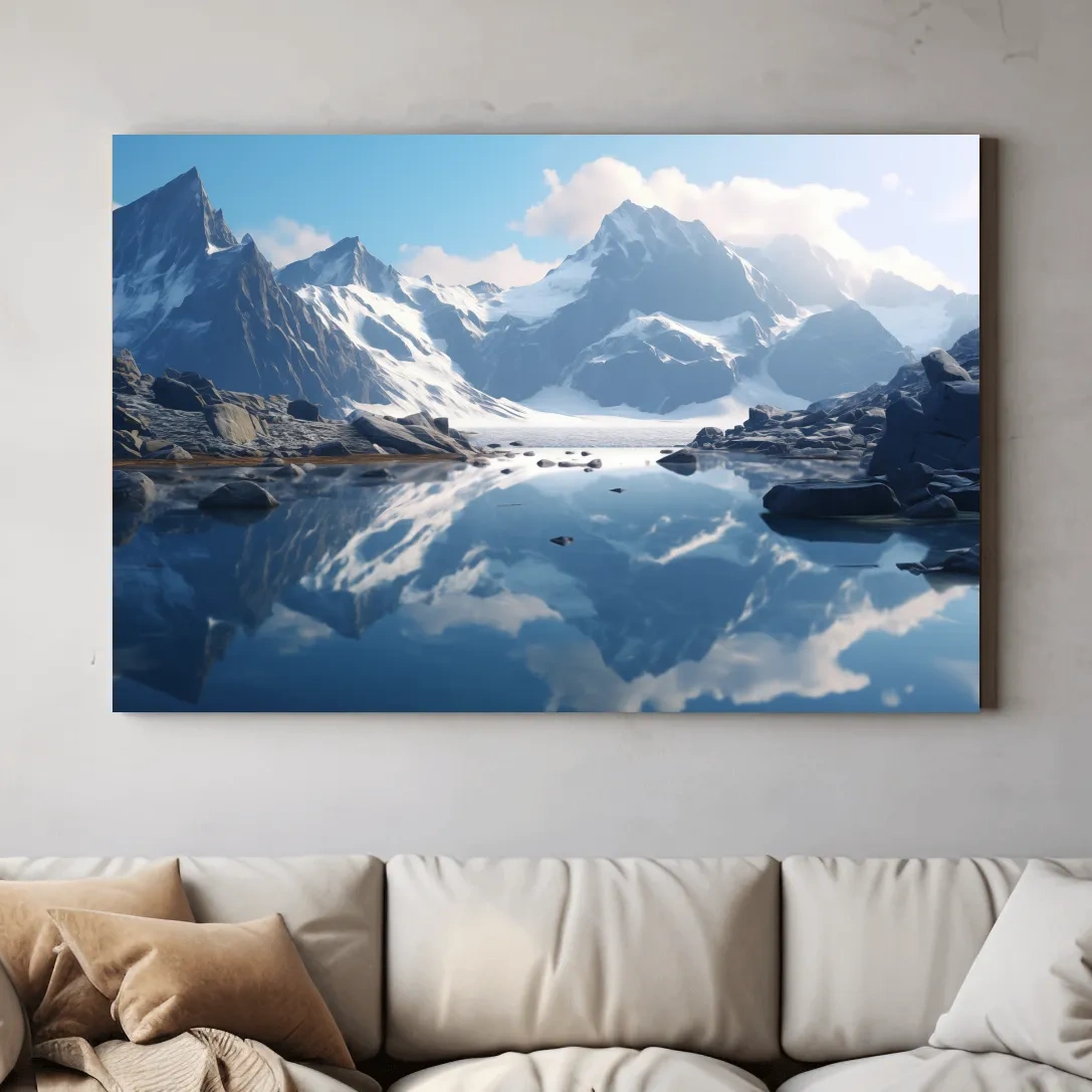 Majestic Snowcapped Mountain Lake Artwork - Serene Alpine Photography Wall Art