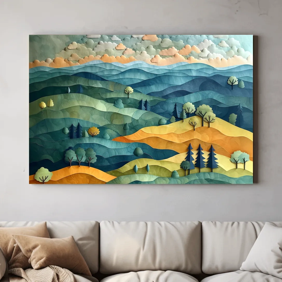 Layered Paper Cut Mountain Landscape - Colorful Modern Nature Wall Art