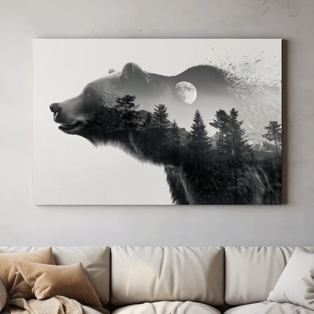 Black And White Grizzly Bear Double Exposure - Moonlit Pine Forest Mountain Wall Art
