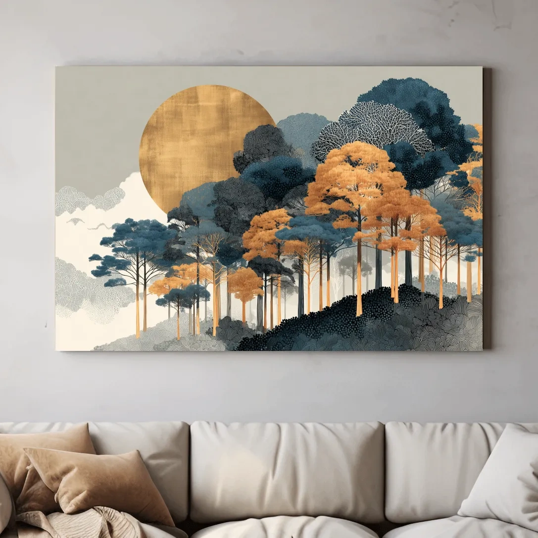 Modern Chic Golden Sun Over Autumn Forest - Elegant Boho Landscape Wall Art