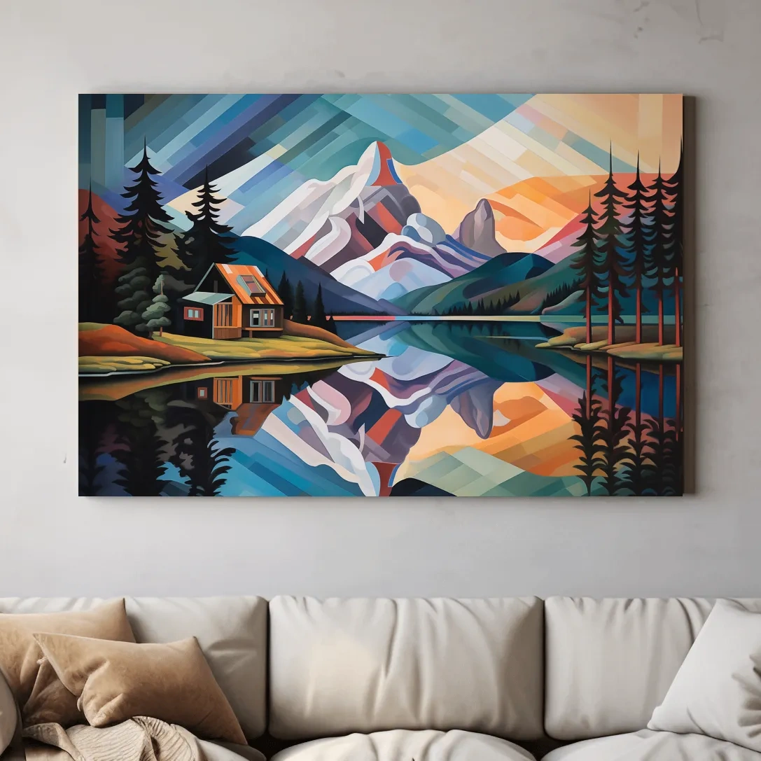 Mountain Cabin by the Lake Canvas Print - Abstract Oil Painting Sunset Wall Art