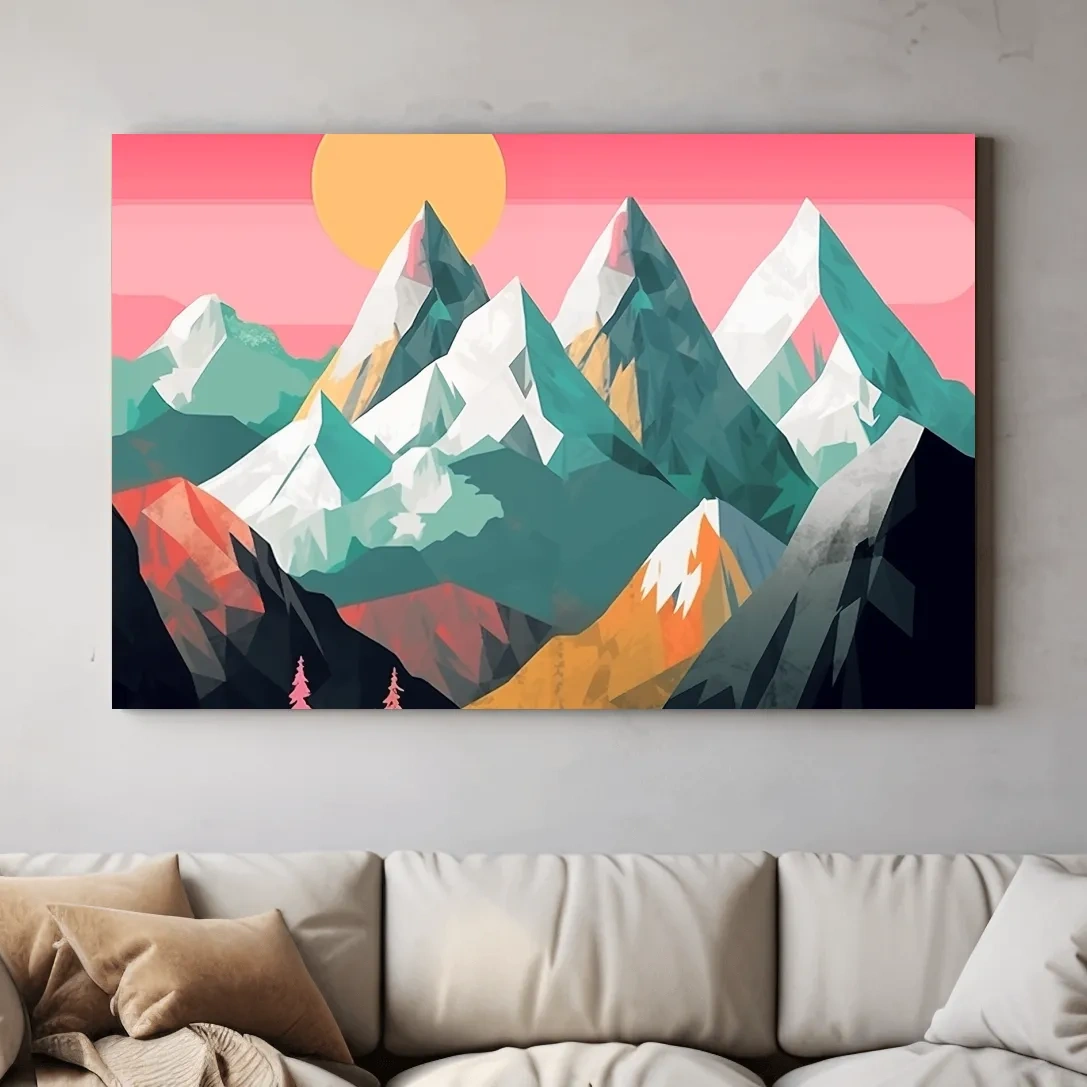 Alpine Mountains Sunrise Illustration - Colorful Landscape Wall Art