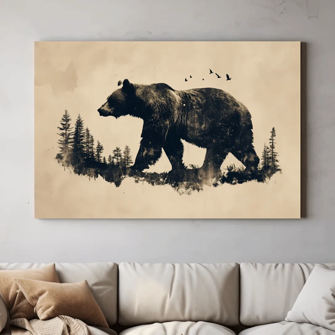 Grizzly bear artwork print, vintage style silhouette