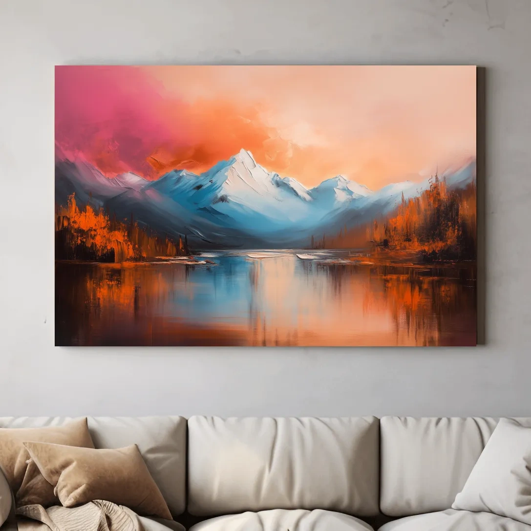 Sunset Mountain Lake Painting - Serene Abstract Landscape Wall Art Print