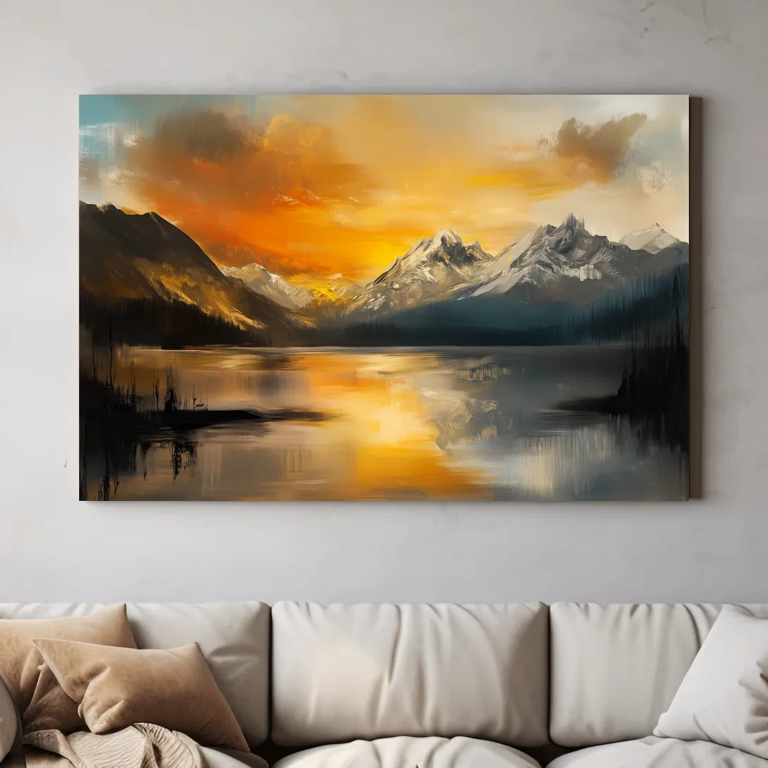 Moody Alpine Mountain Lake Sunset Painting - Oil Painting Style Wall Art