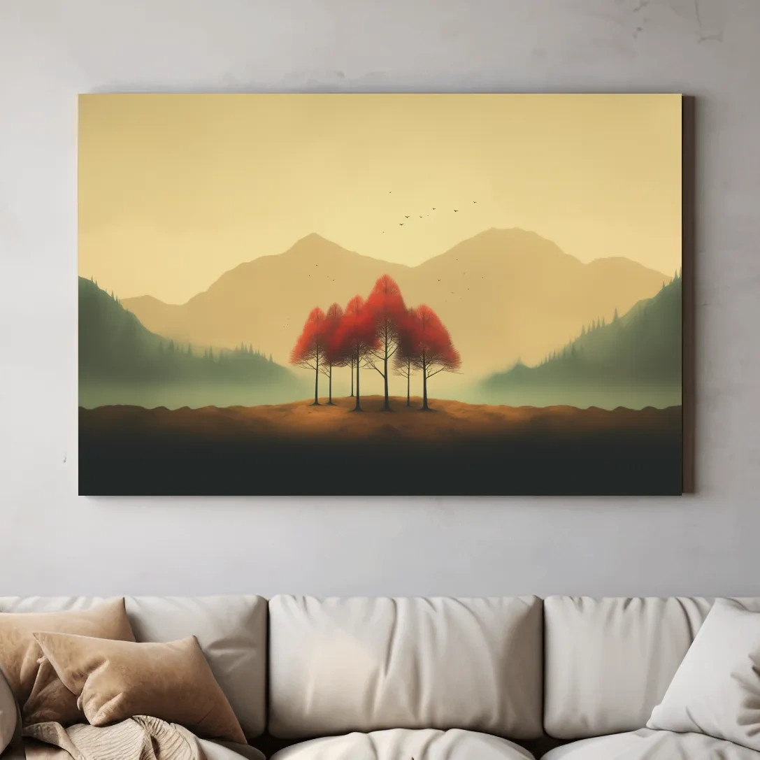 Minimalist Autumn Tree Grove Landscape - Misty Mountain Forest Wall Art