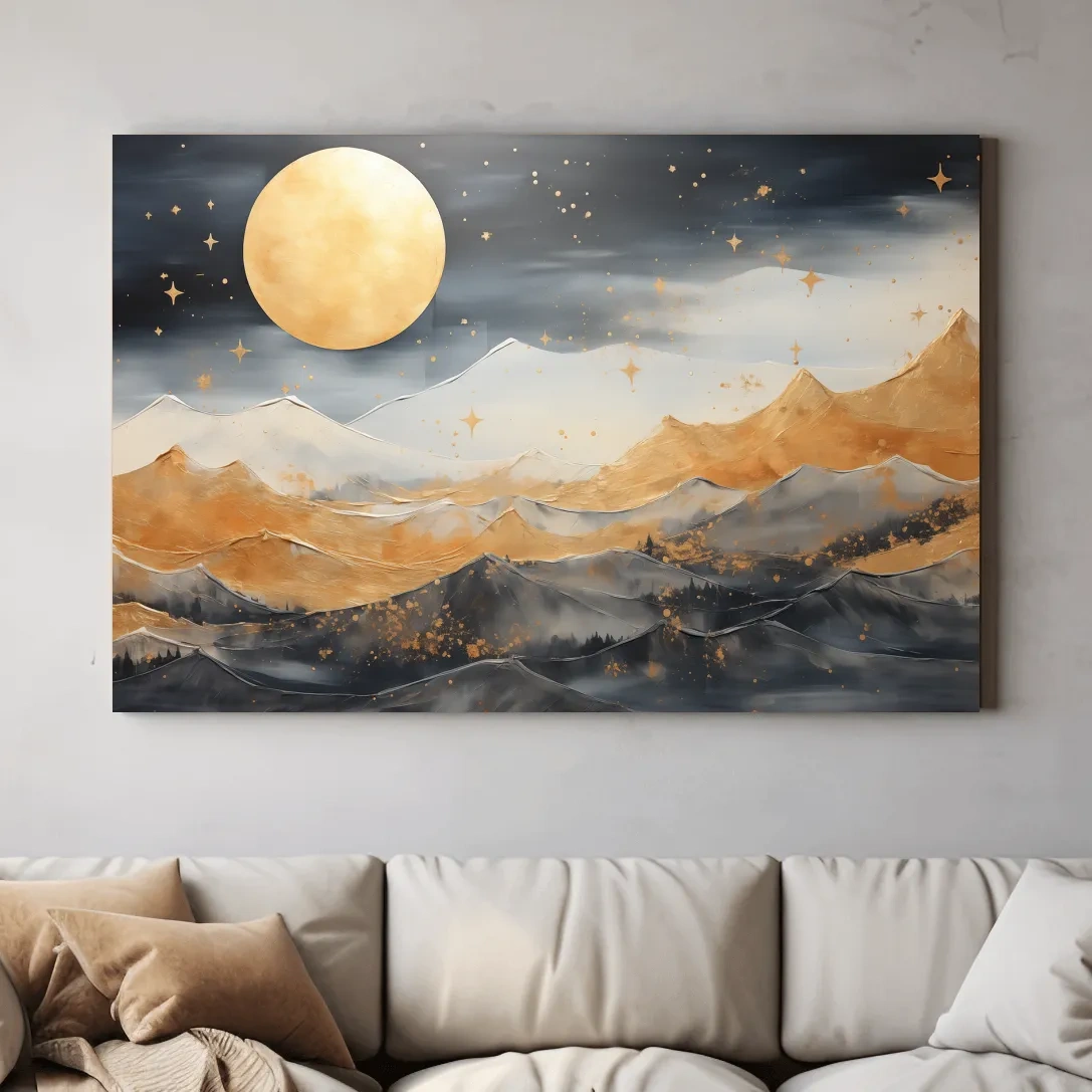 Golden Moonlit Abstract Mountain Landscape - Modern Metallic Watercolor Wall Art
