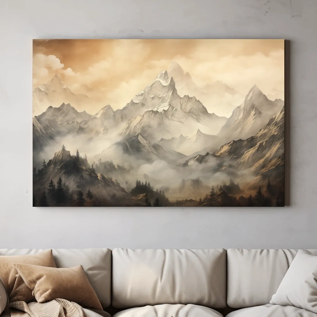 Moody Sepia Misty Mountain Peaks - Atmospheric Alpine Landscape Painting Wall Art