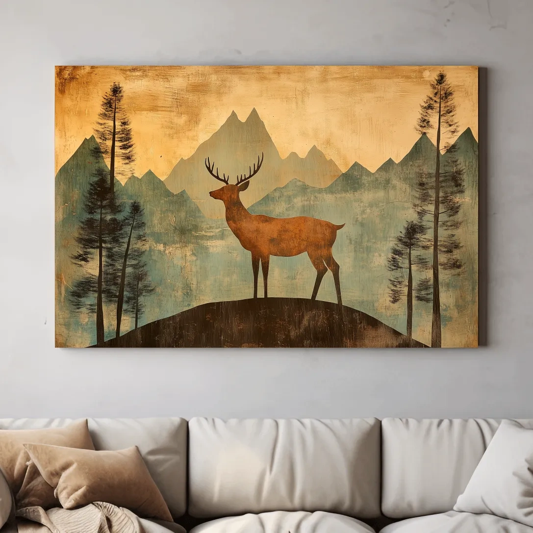 Rustic Deer Silhouette Mountain Landscape - Vintage Textured Woodland Wall Art