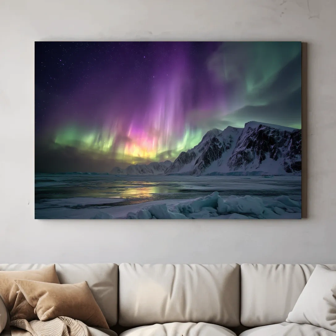 Vibrant Northern Lights Over Snowy Mountains - Aurora Borealis Photographic Night Sky Wall Art