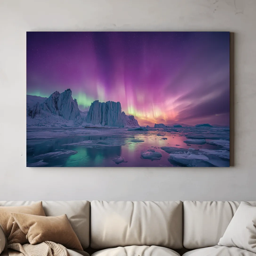 Vibrant Purple Northern Lights Over Arctic Icebergs - Aurora Borealis Landscape Wall Art