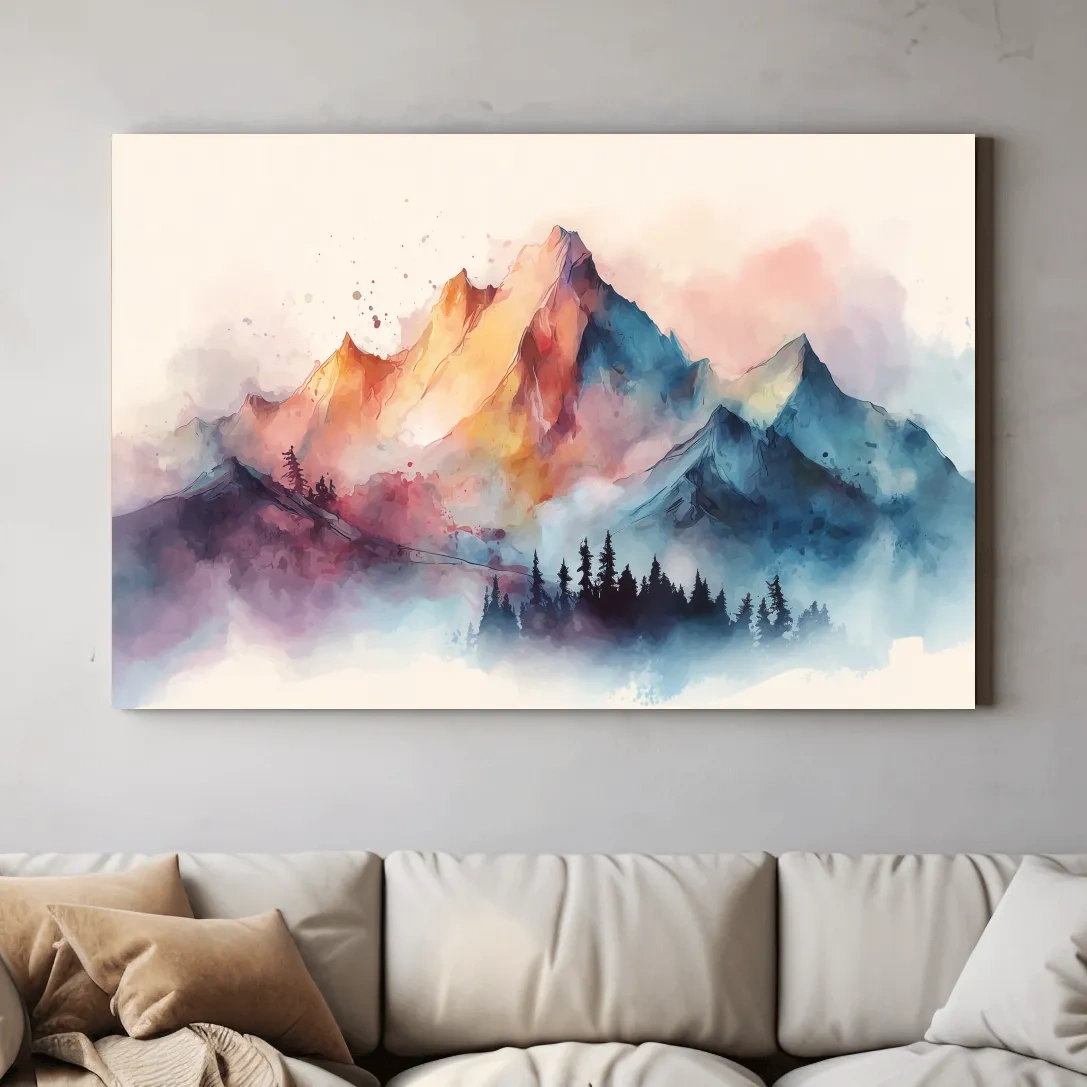 Vibrant Watercolor Mountain Peaks - Colorful Misty Alpine Forest Wall Art