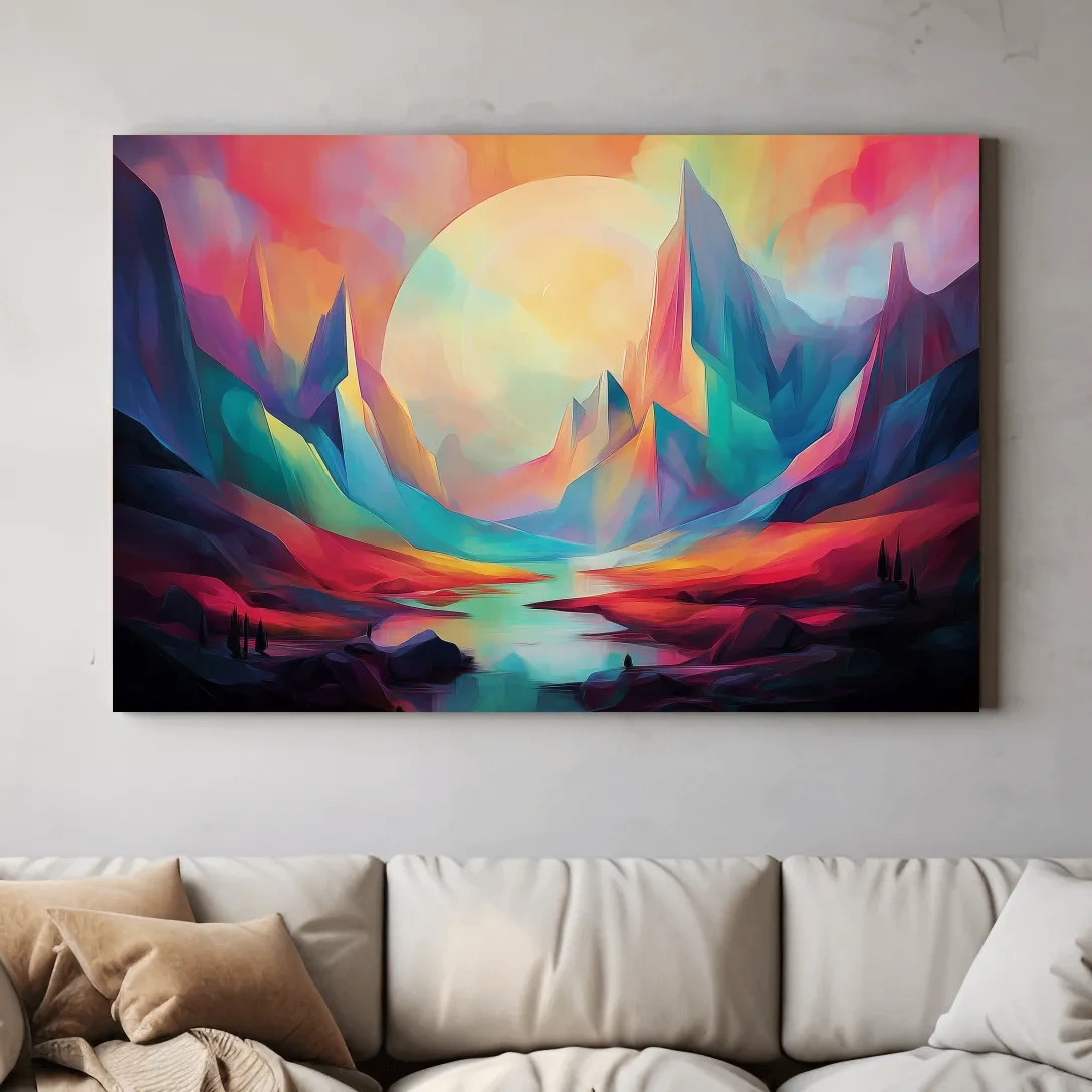 Vibrant Abstract Mountain Valley Sunset - Colorful Surreal Landscape Wall Art