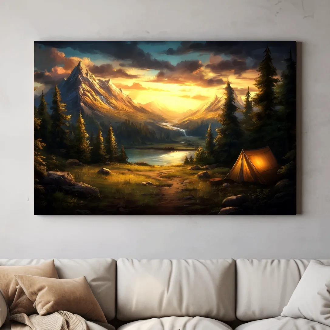 Golden Sunset Alpine Camping Scene Impressionist Painting - Scenic Mountain Wall Art