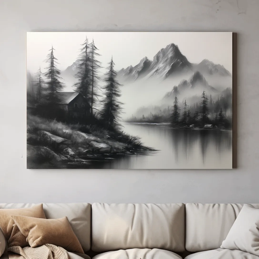Moody Monochrome Alpine Lake Cabin - Charcoal Mountain Sketch Style Wall Art