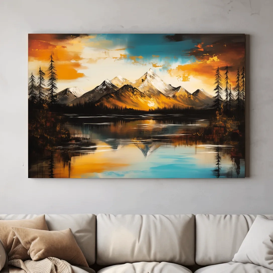 Alpine Mountain Sunset Oil Painting - Abstract Landscape Wall Art
