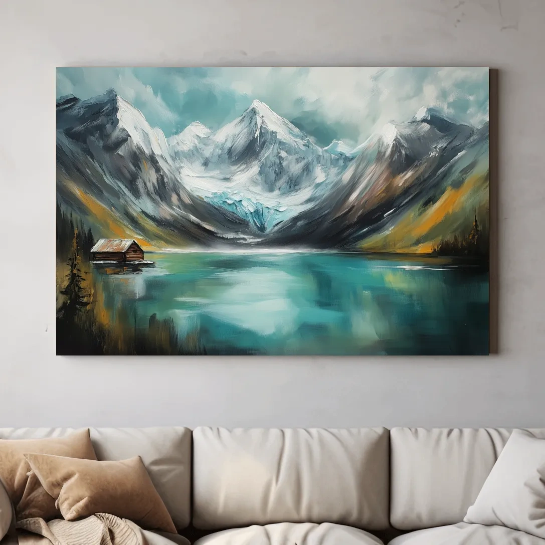 Turquoise Alpine Lake Cabin Painting - Snowy Mountain Landscape Wall Art