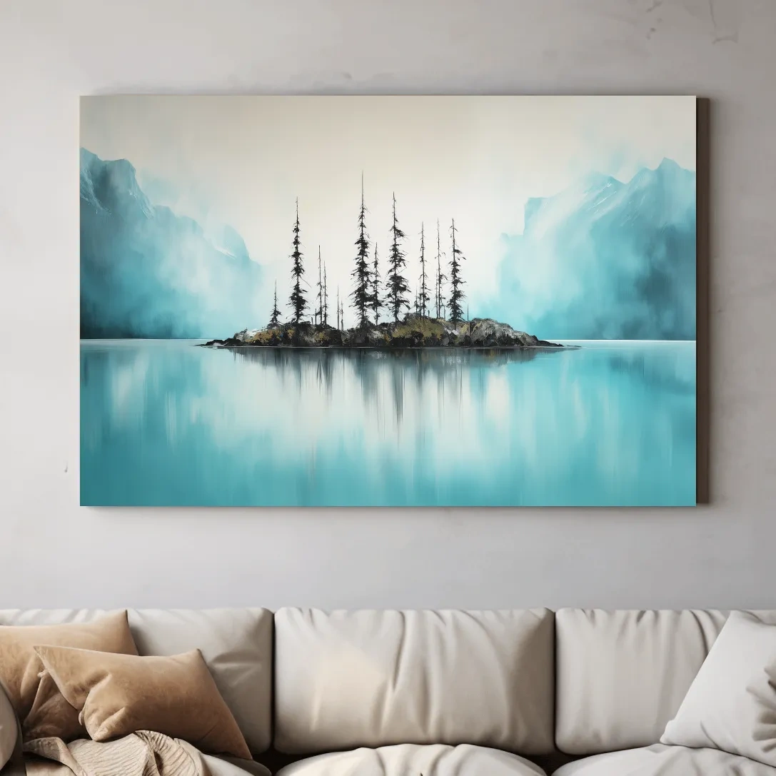 Misty Turquoise Mountain Lake Reflection - Minimalist Watercolor Landscape Wall Art