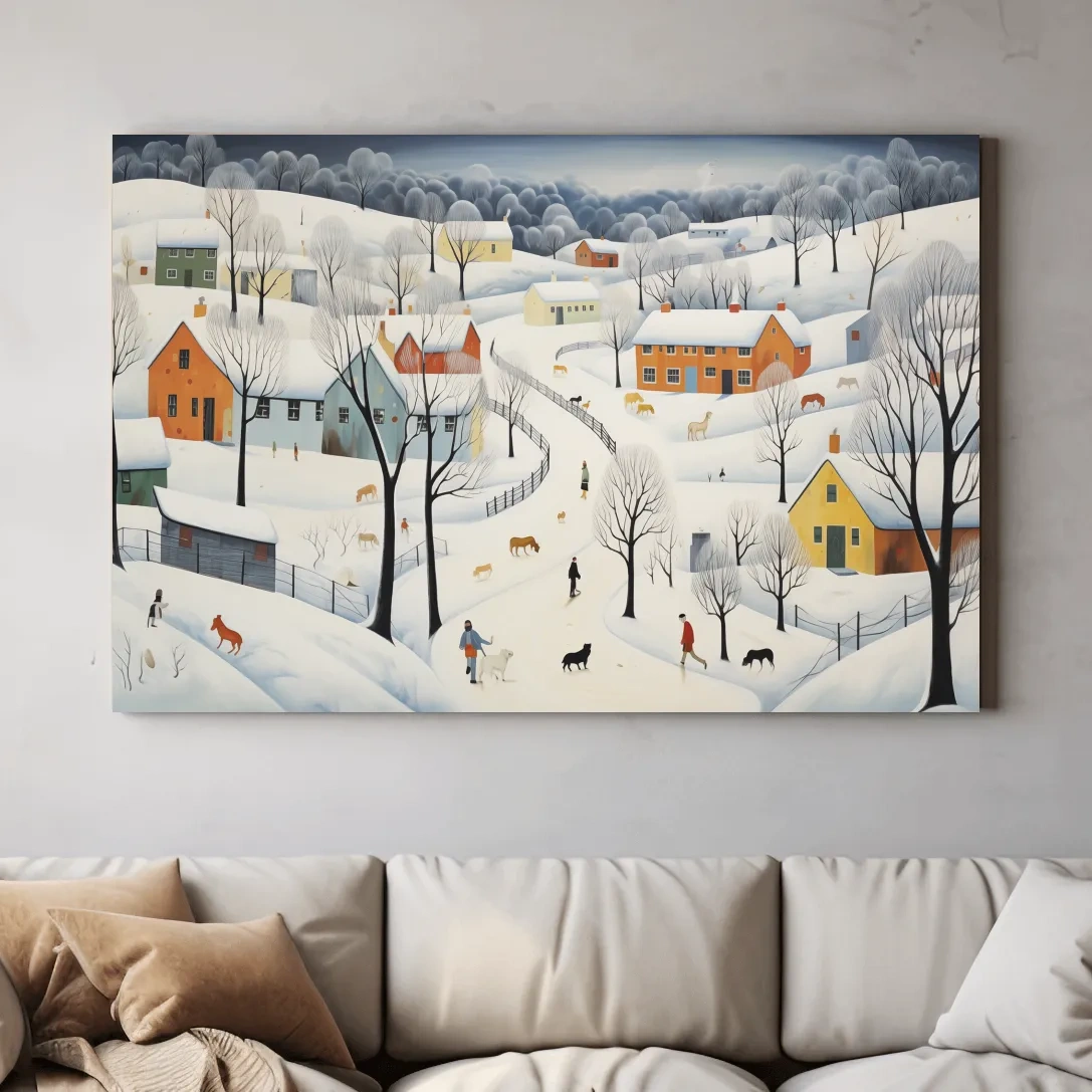 Whimsical Snowy Village Winter Landscape Painting - Folk Art Countryside Wall Art