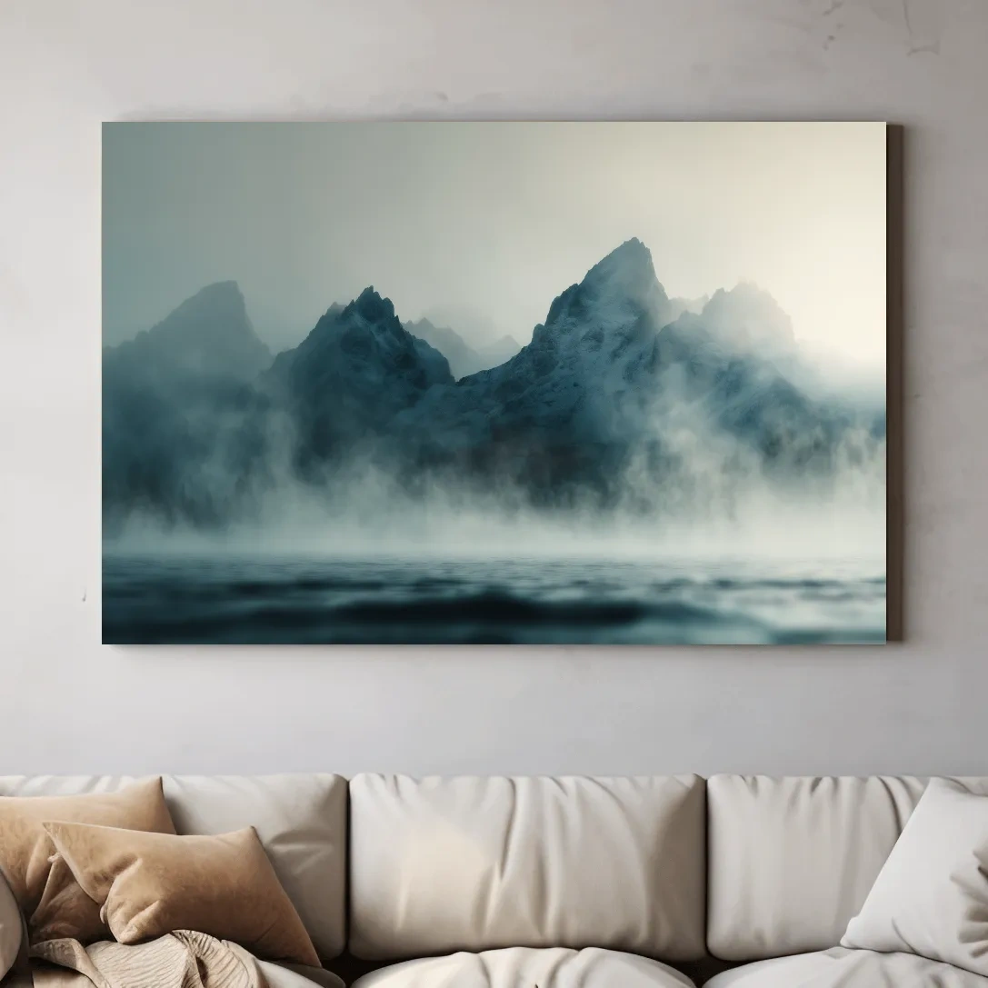 Moody Misty Mountain Peaks Over Water - Atmospheric Monochrome Landscape Wall Art