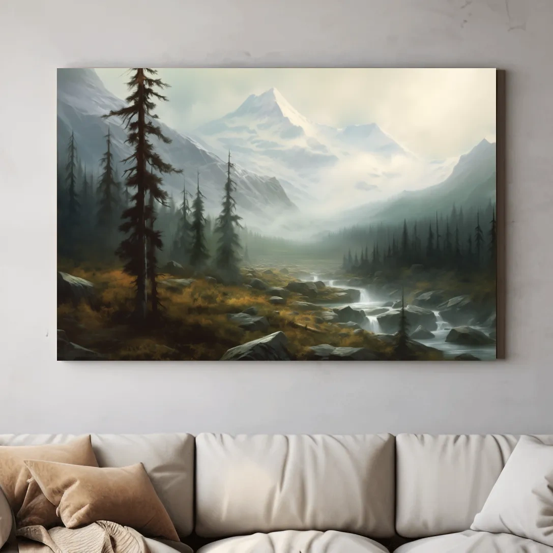 Misty Alpine Mountain Valley Painting - Foggy Evergreen Forest Wall Art