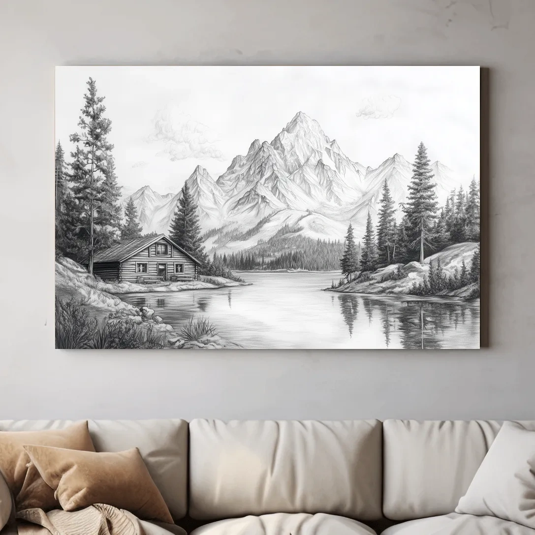 Vintage Pencil Sketch Alpine Lake Cabin - Black And White Mountain Landscape Wall Art