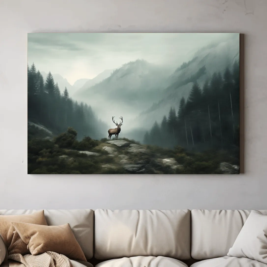 Moody Misty Mountain Deer Landscape - Atmospheric Forest Wildlife Wall Art