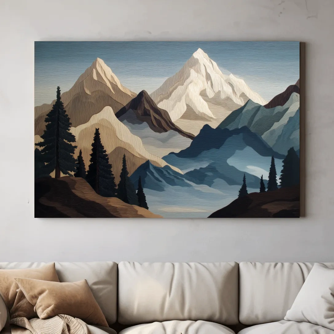 Textured Layered Alpine Mountain Peaks - Scenic Forest Wall Art