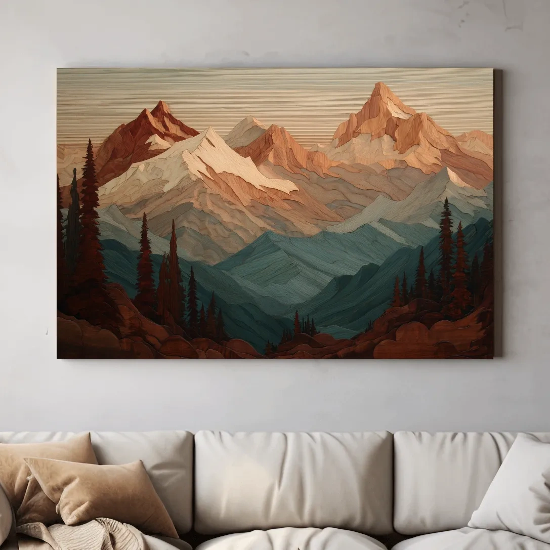 Layered Wood Alpine Mountain Range - Textured Topographic Landscape Wall Art