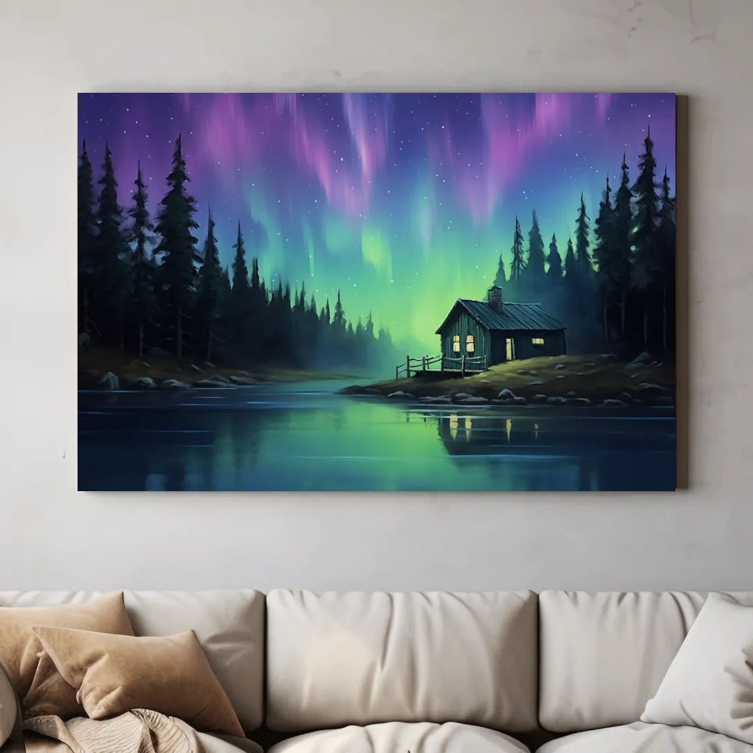 Northern Lights Over Lakeside Cabin Painting - Aurora Borealis Night Wall Art