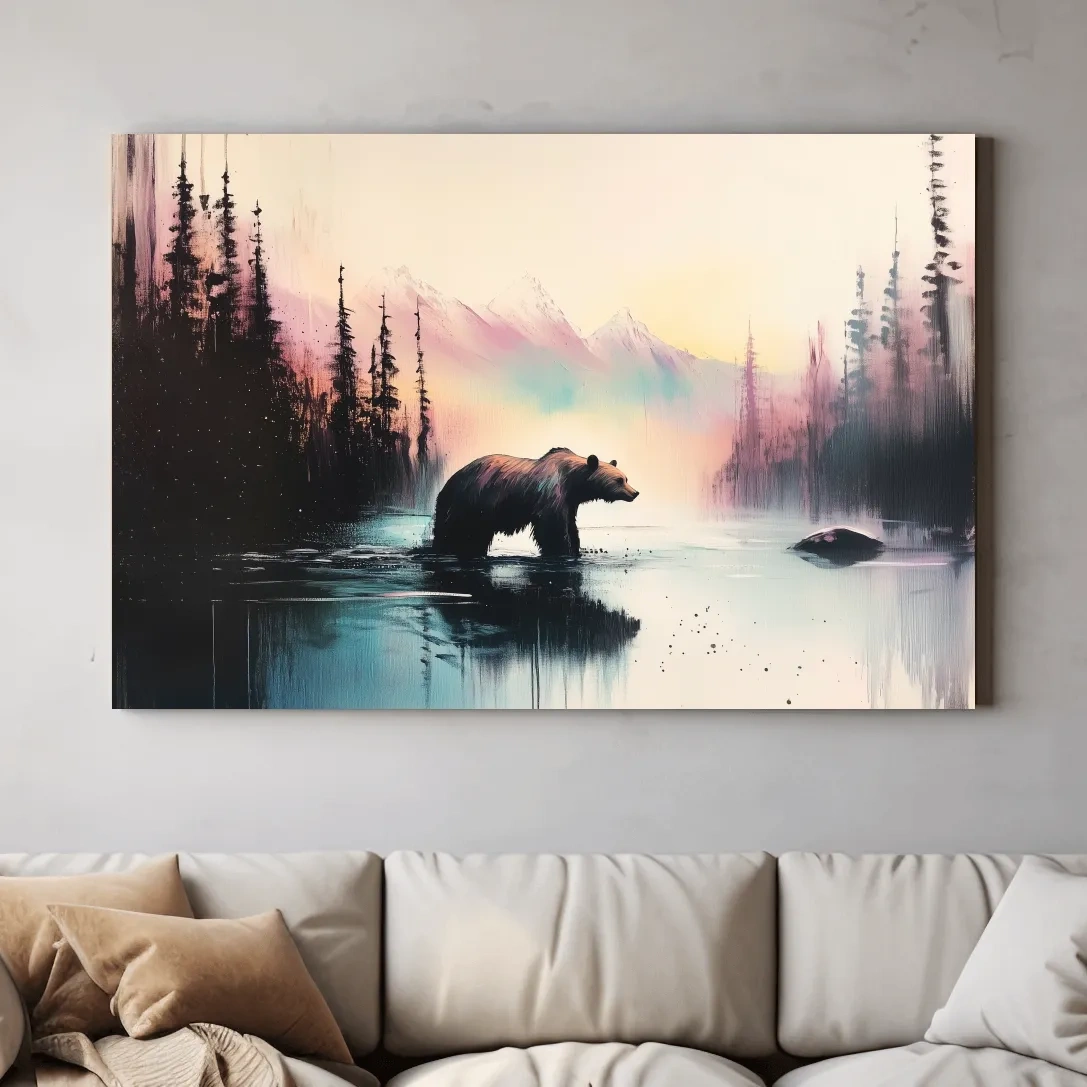 Moody Watercolor Grizzly Bear Lake Reflection - Misty Mountain Wilderness Wall Art