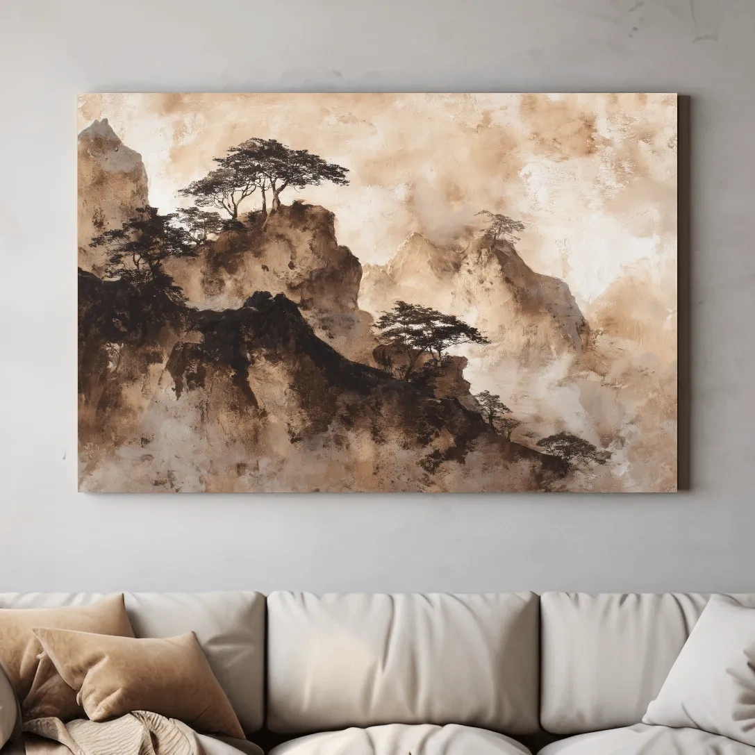 Sepia Japandi Mountain Ridge Painting - Atmospheric Ink Wash Art