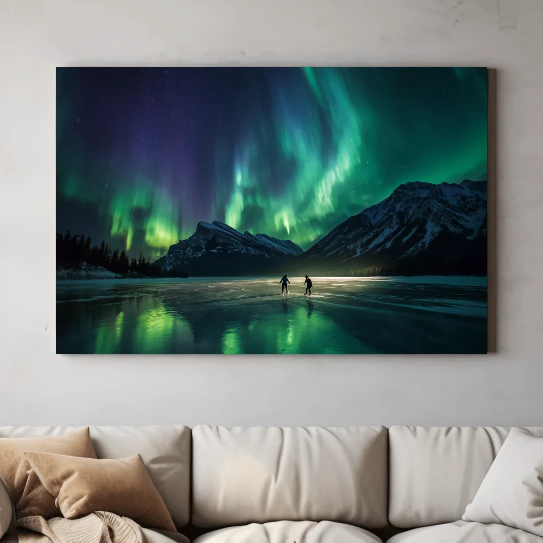 Ice Skaters Under Vibrant Northern Lights - Aurora Borealis Photographic Wall Art