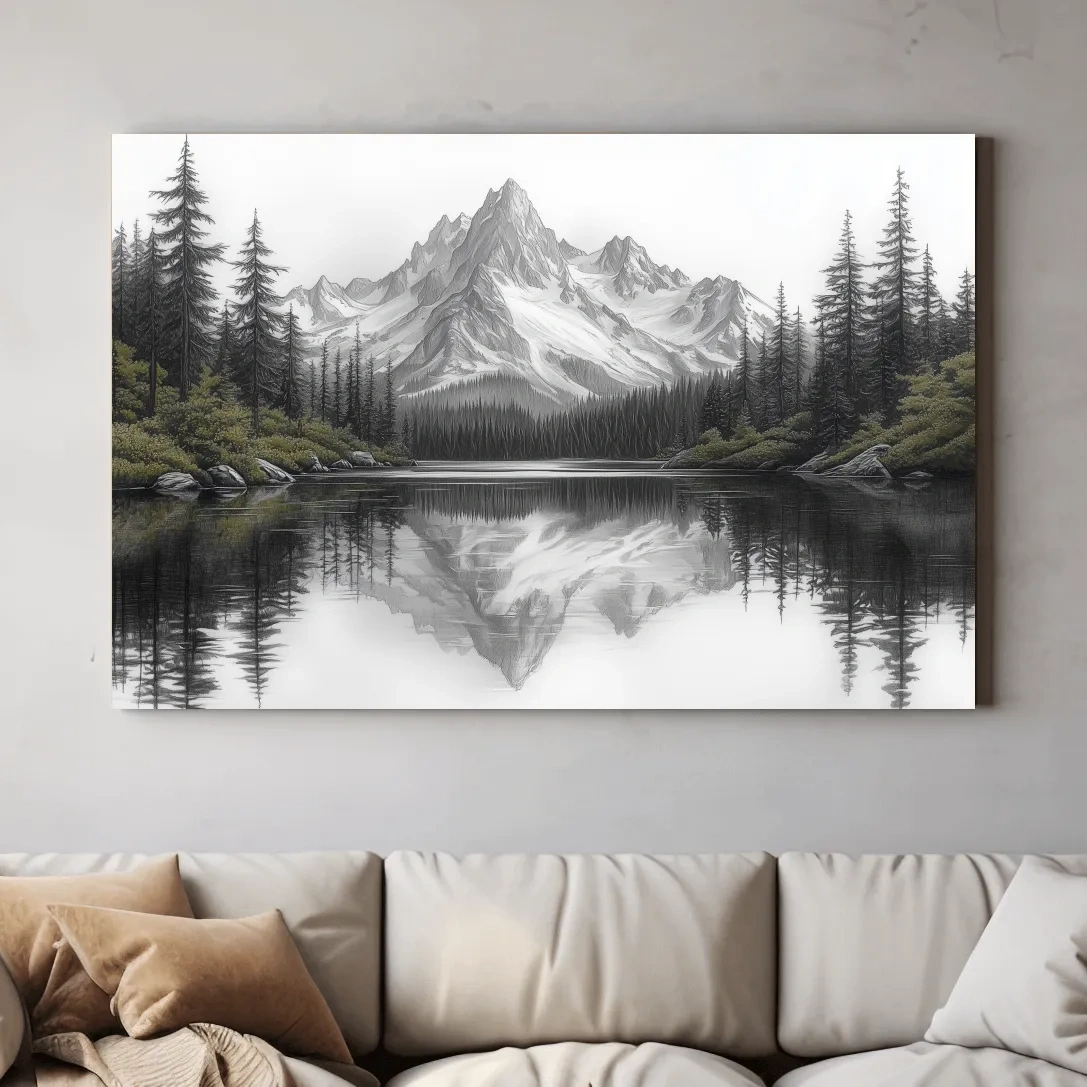 Monochrome Alpine Mountain Lake Reflection Sketch Artwork - Minimalist Forest Landscape Wall Art