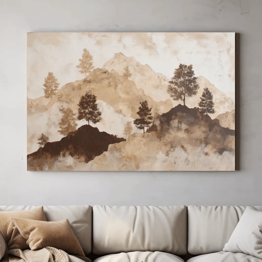 Wabi-Sabi Mountain Tree Silhouettes Painting - Minimalist Landscape Wall Art