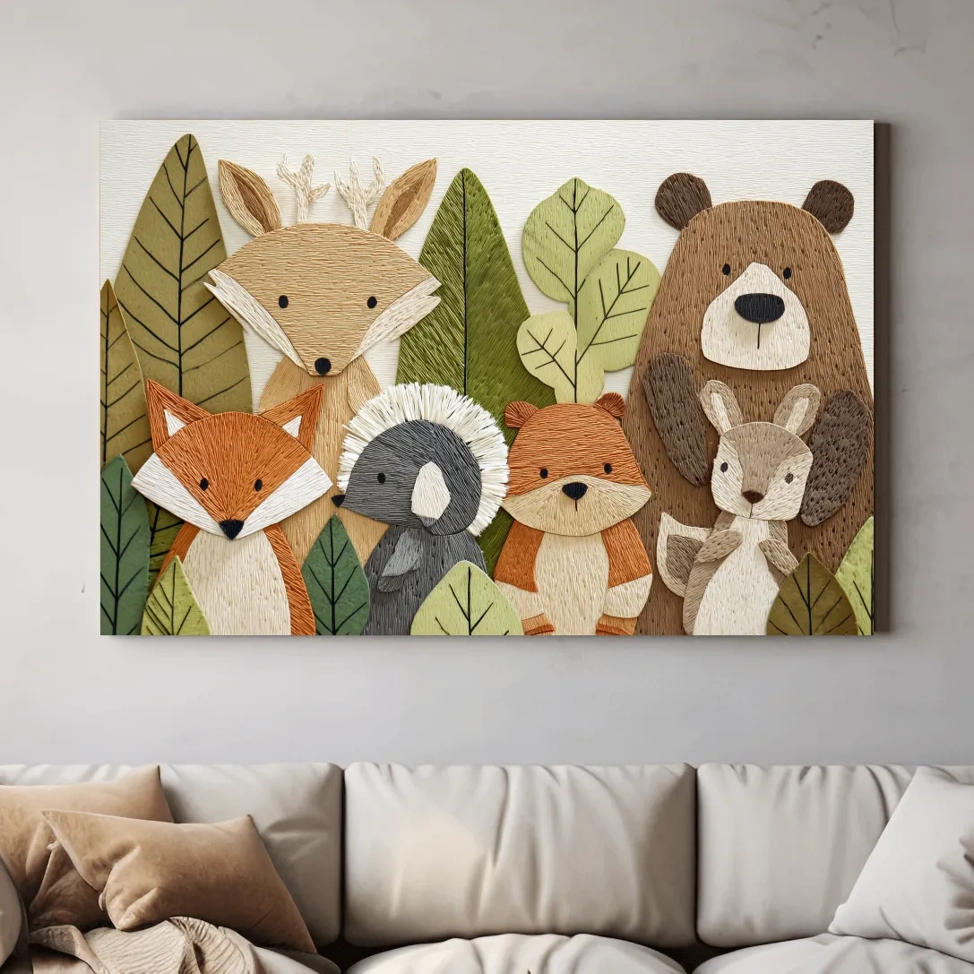 Woodland Animal Nursery Decor - Cute Forest Animals Embroidery Style Wall Art