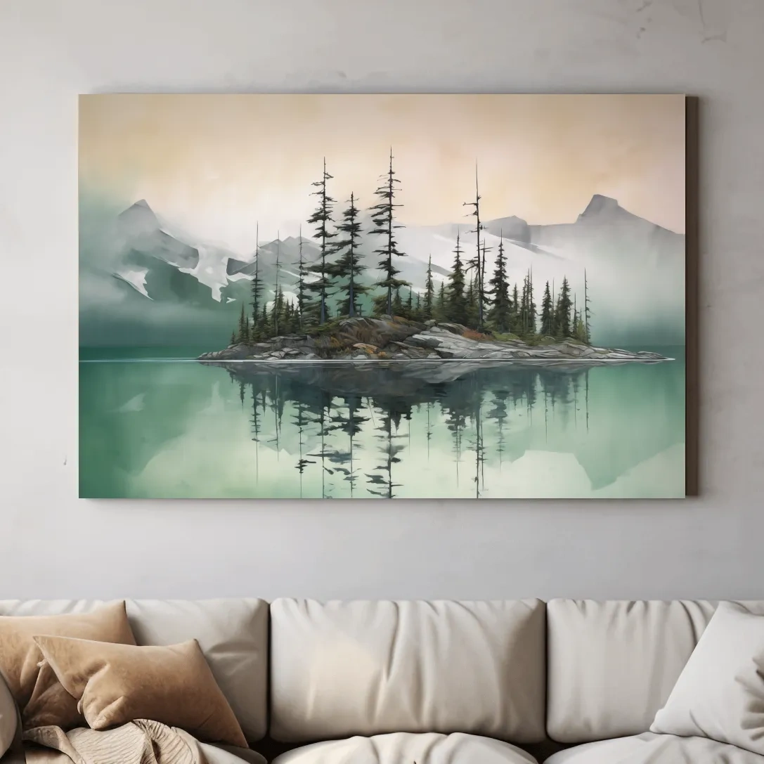 Misty Turquoise Alpine Lake Reflection - Serene Watercolor Mountain Landscape Wall Art