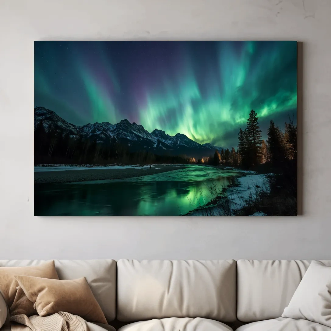 Vibrant Green Northern Lights Over Frozen Lake - Aurora Borealis Landscape Wall Art
