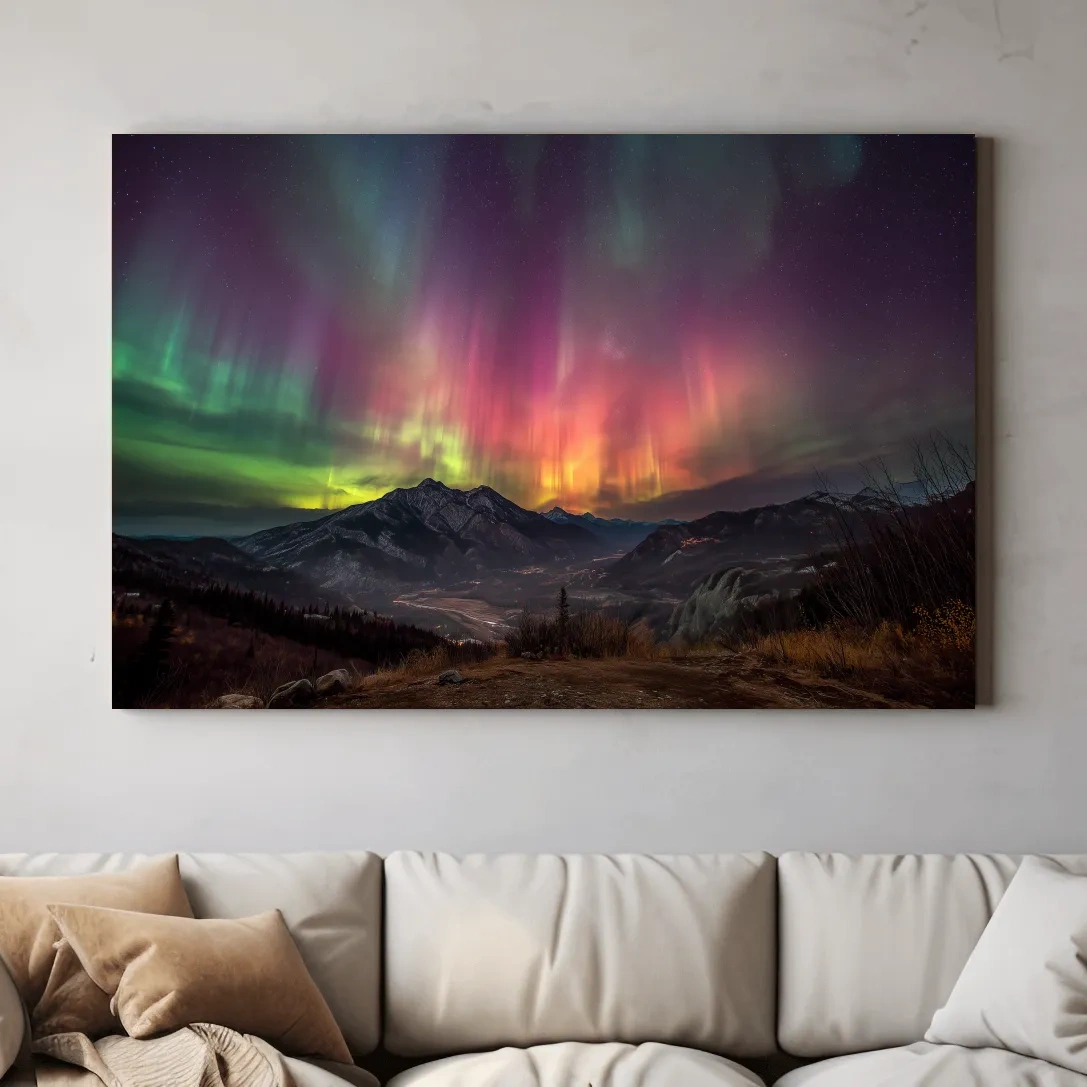 Vibrant Aurora Borealis Over Mountain Range - Colorful Northern Lights Landscape Wall Art