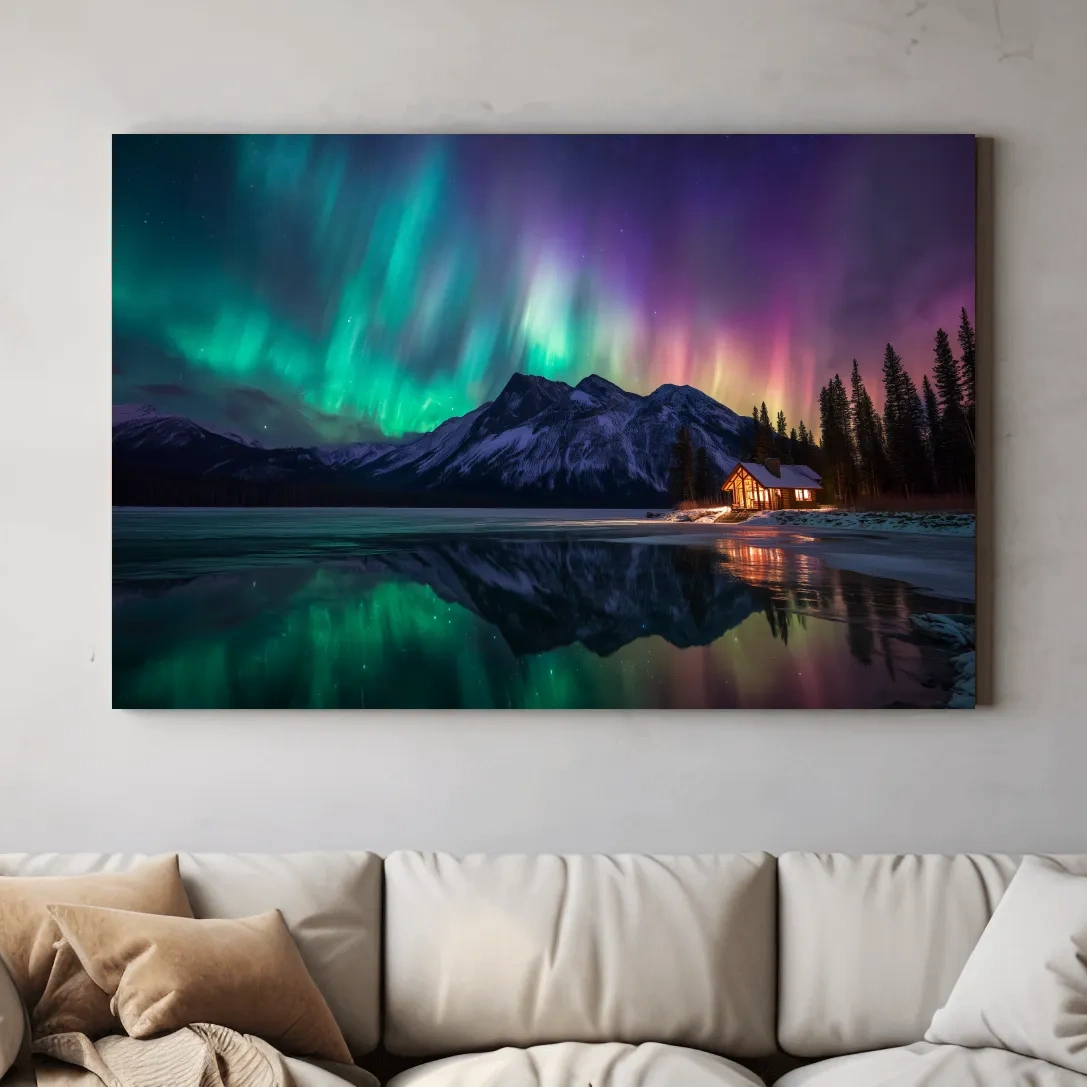 Vibrant Northern Lights Over Mountain Lake Cabin - Aurora Borealis Landscape Wall Art