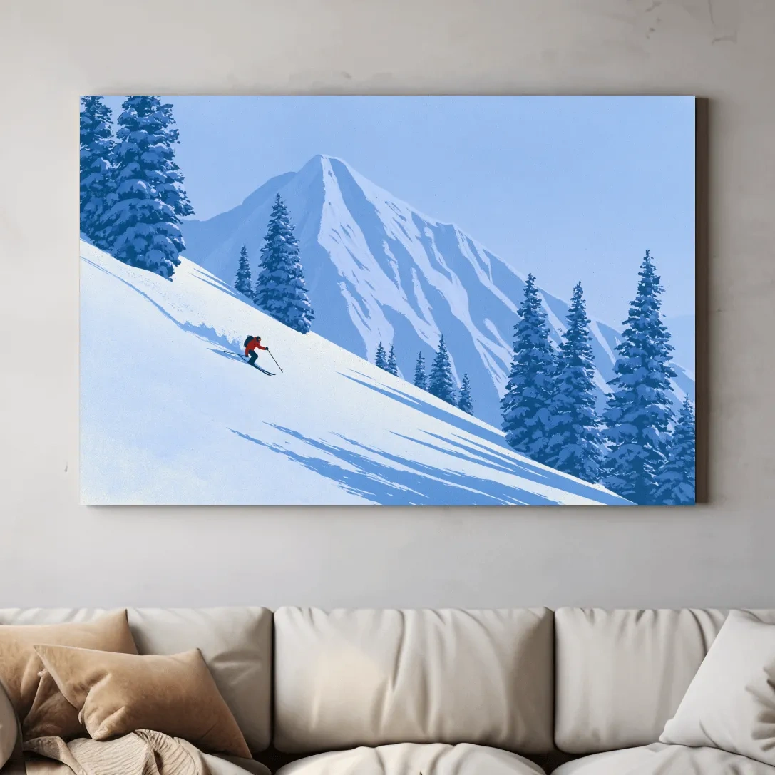 Minimalist Snowy Mountain Skier Landscape - Winter Alpine Illustration Wall Art