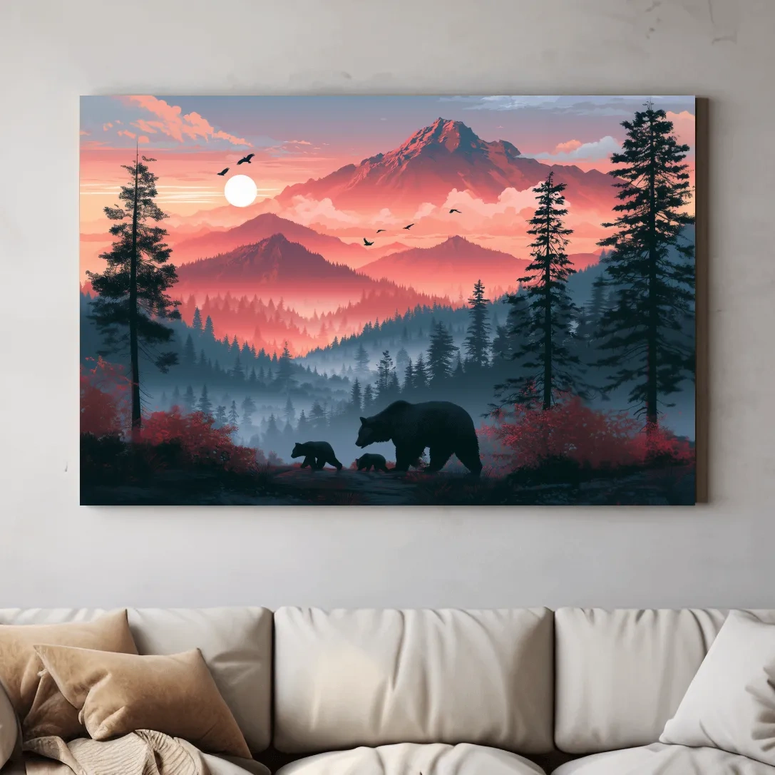 Sunset Mama Bear & Cubs Silhouette - Forest Wildlife Wall Art